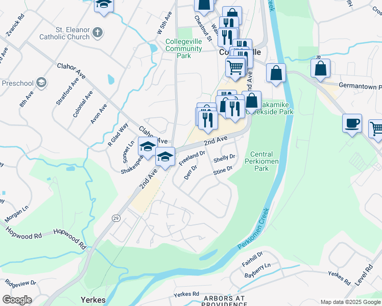 map of restaurants, bars, coffee shops, grocery stores, and more near 174 Freeland Drive in Collegeville