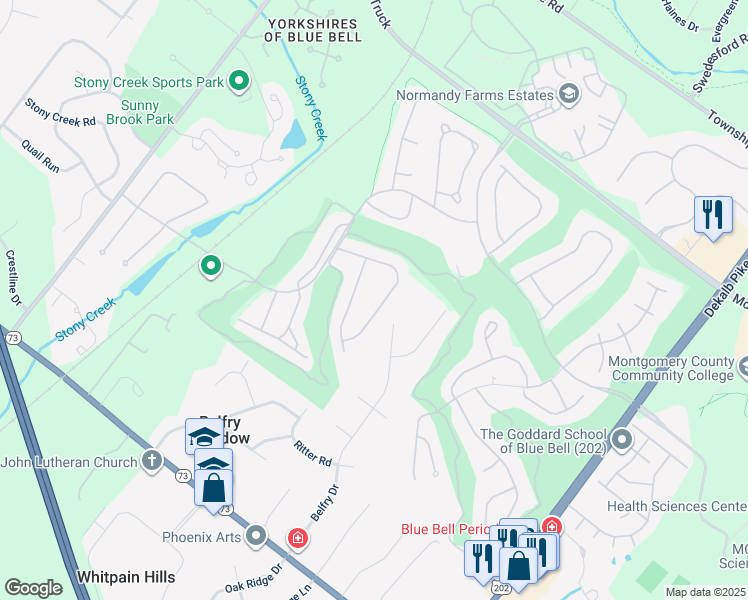map of restaurants, bars, coffee shops, grocery stores, and more near 130 Bay Hill Drive in Blue Bell