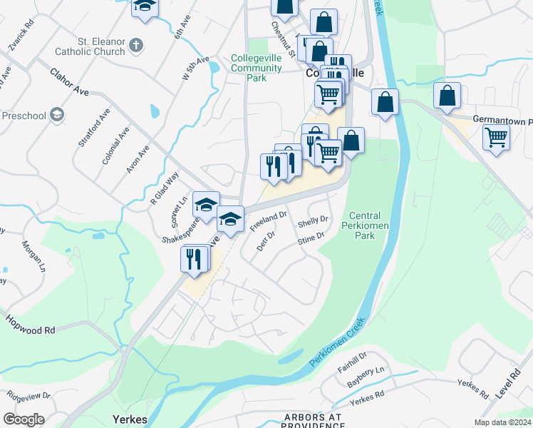 map of restaurants, bars, coffee shops, grocery stores, and more near 174 Freeland Drive in Collegeville