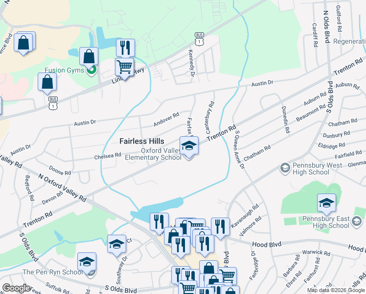 map of restaurants, bars, coffee shops, grocery stores, and more near 431 Trenton Road in Fairless Hills