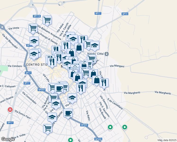 map of restaurants, bars, coffee shops, grocery stores, and more near 56 Via Leonardo Da Vinci in Nardò