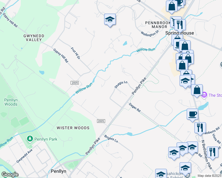 map of restaurants, bars, coffee shops, grocery stores, and more near 924 Sturgis Lane in Spring House