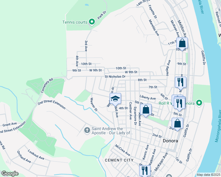 map of restaurants, bars, coffee shops, grocery stores, and more near 121 Teeple Avenue in Donora