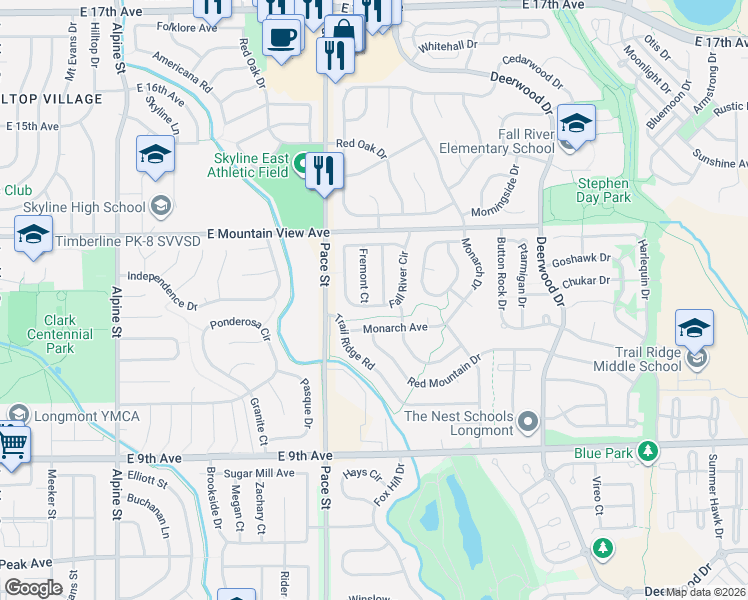map of restaurants, bars, coffee shops, grocery stores, and more near 1221 Fall River Circle in Longmont