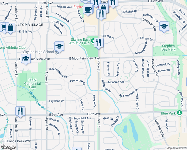map of restaurants, bars, coffee shops, grocery stores, and more near 1205 Pace Street in Longmont