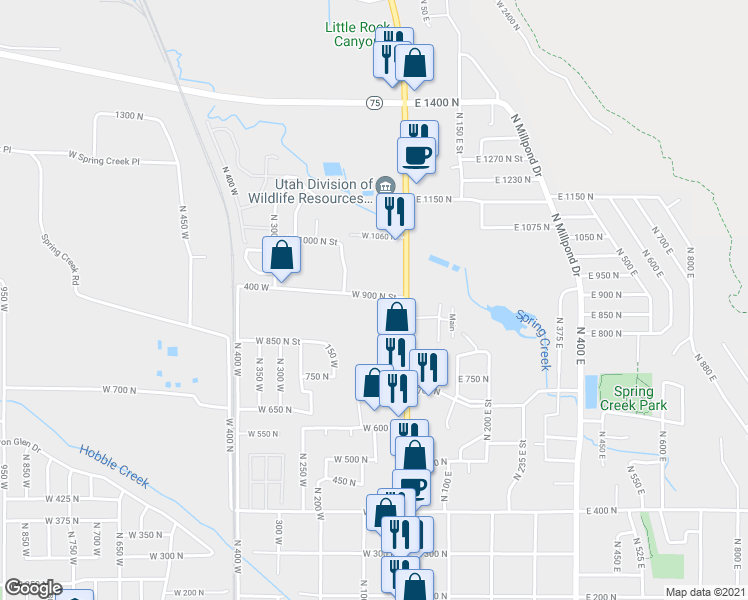 map of restaurants, bars, coffee shops, grocery stores, and more near 79 West 900 North in Springville