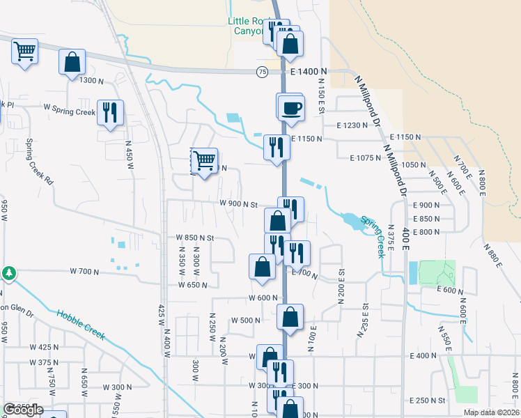 map of restaurants, bars, coffee shops, grocery stores, and more near 79 West 900 North in Springville