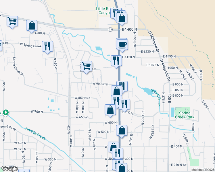 map of restaurants, bars, coffee shops, grocery stores, and more near 79 West 900 North in Springville