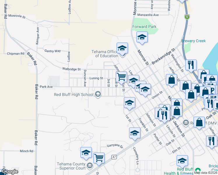 map of restaurants, bars, coffee shops, grocery stores, and more near 1399 Park Avenue in Red Bluff