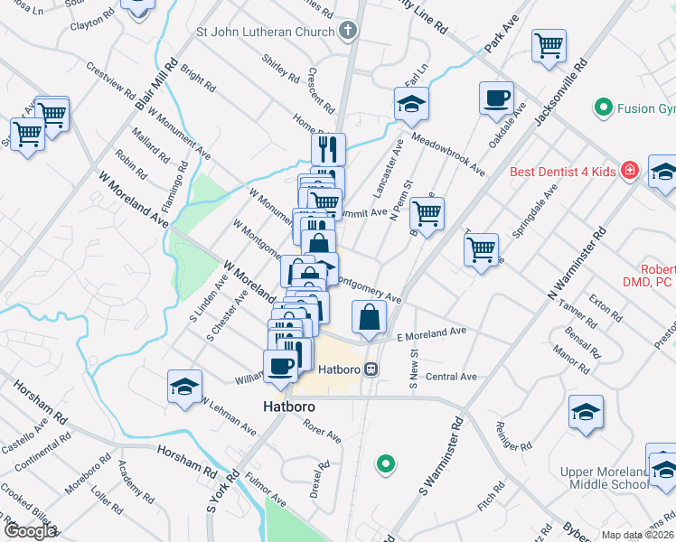 map of restaurants, bars, coffee shops, grocery stores, and more near 20 Pennsylvania 332 in Hatboro