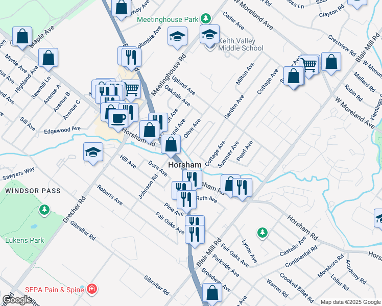 map of restaurants, bars, coffee shops, grocery stores, and more near 343 Summer Avenue in Horsham