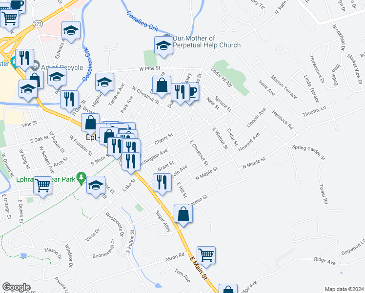 map of restaurants, bars, coffee shops, grocery stores, and more near 229 Grape Alley in Ephrata