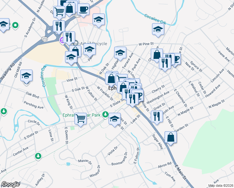 map of restaurants, bars, coffee shops, grocery stores, and more near 55 West Franklin Street in Ephrata