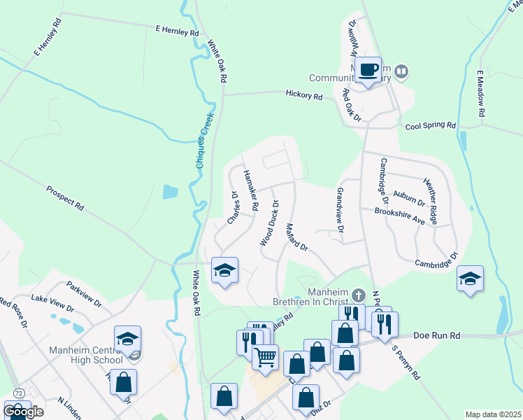map of restaurants, bars, coffee shops, grocery stores, and more near 669 Hamaker Road in Manheim
