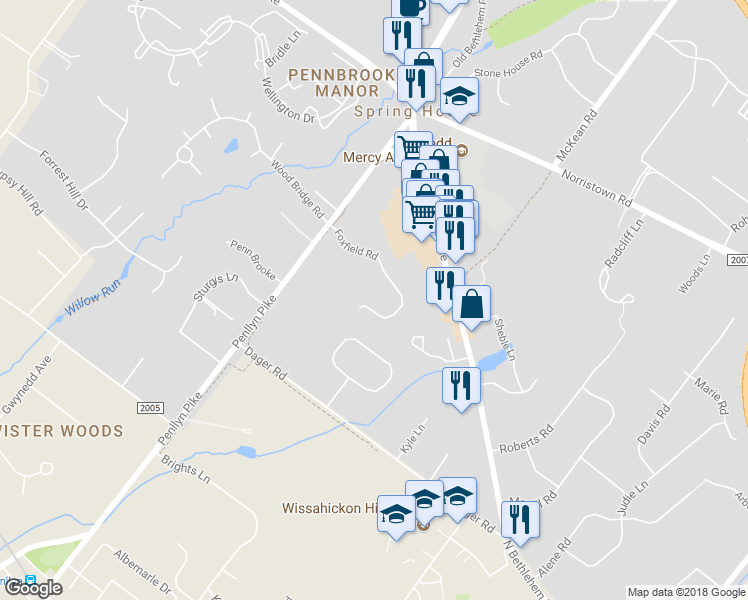 map of restaurants, bars, coffee shops, grocery stores, and more near 819 Foxfield Road in Spring House