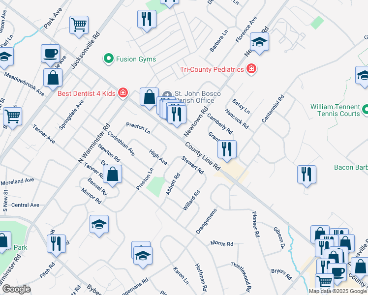 map of restaurants, bars, coffee shops, grocery stores, and more near 2860 East County Line Road in Hatboro