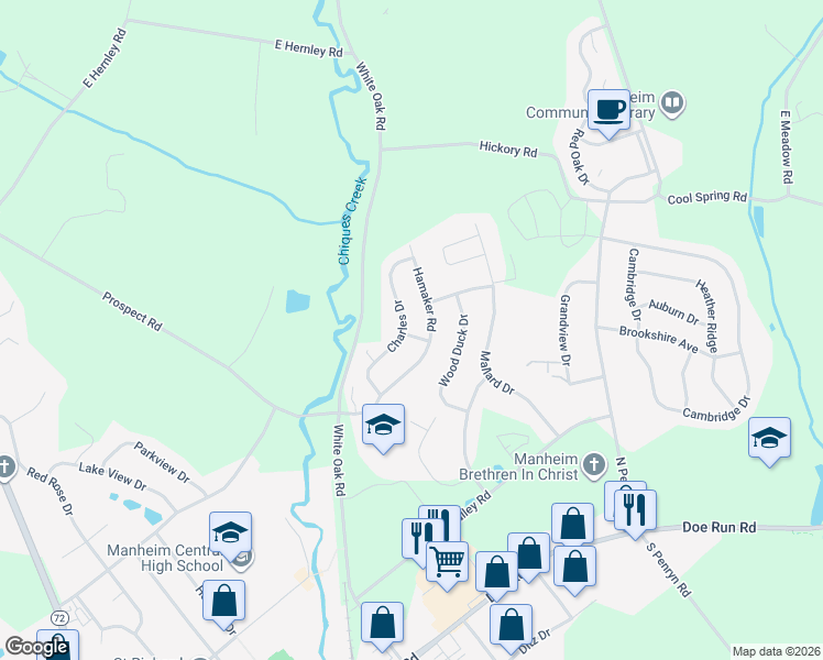 map of restaurants, bars, coffee shops, grocery stores, and more near 466 Charles Drive in Manheim