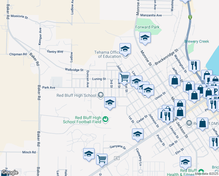 map of restaurants, bars, coffee shops, grocery stores, and more near 1425 Park Avenue in Red Bluff