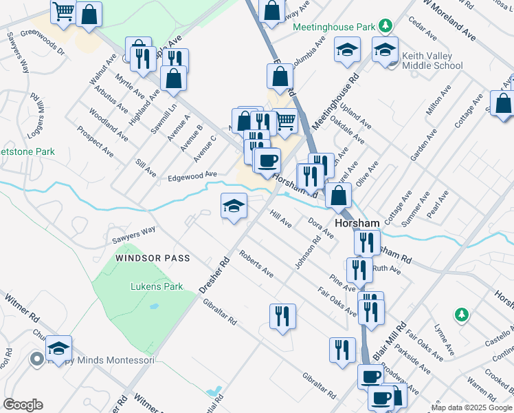 map of restaurants, bars, coffee shops, grocery stores, and more near 410 Dresher Road in Horsham