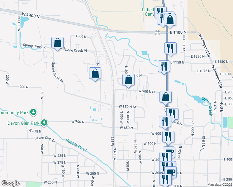 map of restaurants, bars, coffee shops, grocery stores, and more near 395 West 900 North Street in Springville