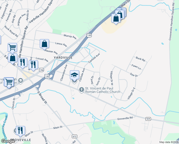 map of restaurants, bars, coffee shops, grocery stores, and more near 605 Woodside Avenue in Hamilton Township