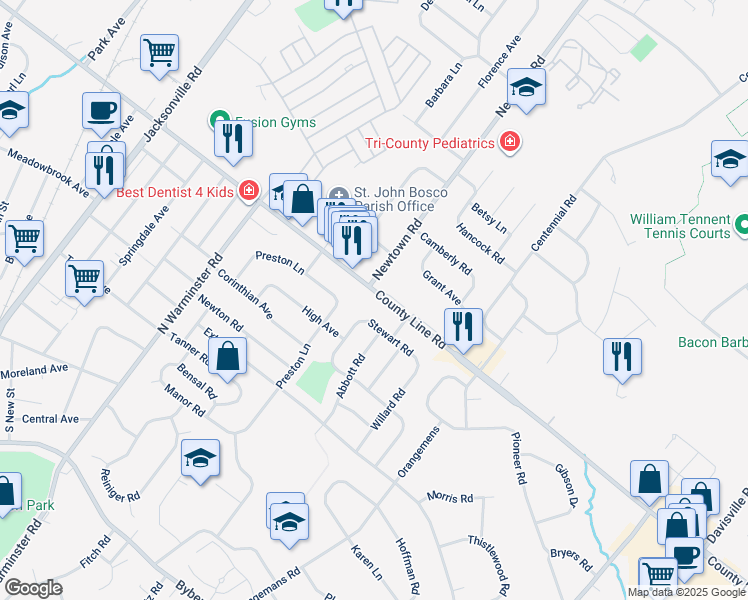 map of restaurants, bars, coffee shops, grocery stores, and more near 2860 East County Line Road in Hatboro