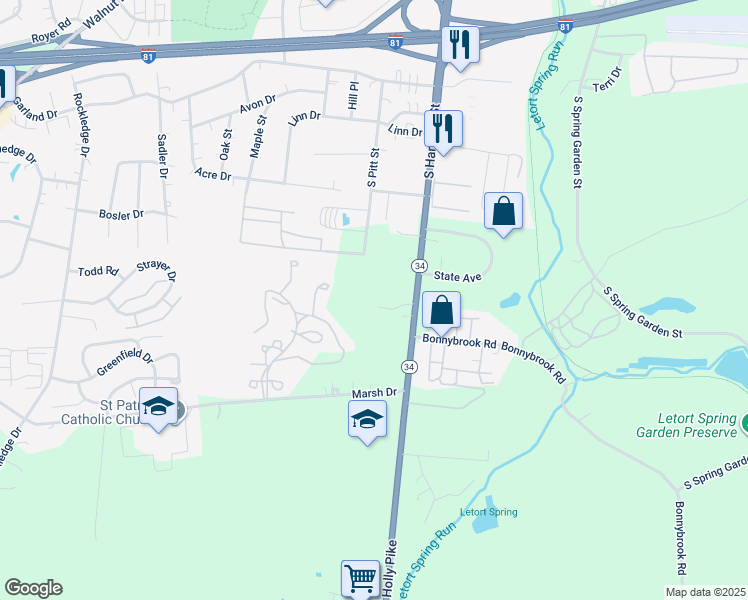 map of restaurants, bars, coffee shops, grocery stores, and more near 1252 Holly Pike in Carlisle