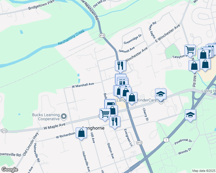 map of restaurants, bars, coffee shops, grocery stores, and more near 227 North Bellevue Avenue in Langhorne
