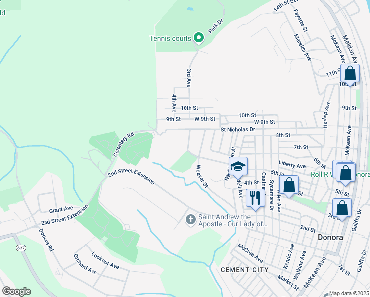 map of restaurants, bars, coffee shops, grocery stores, and more near 701 Orchard Avenue in Donora