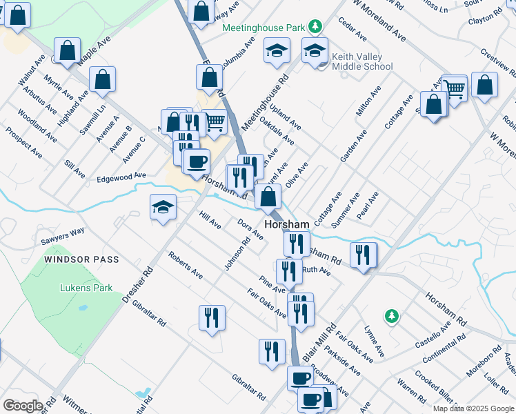 map of restaurants, bars, coffee shops, grocery stores, and more near 241 Horsham Road in Horsham