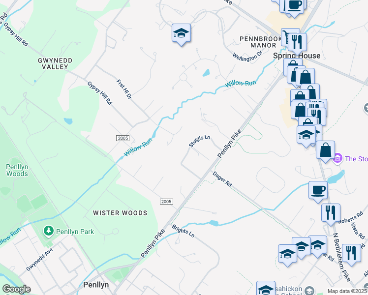 map of restaurants, bars, coffee shops, grocery stores, and more near 924 Sturgis Lane in Spring House