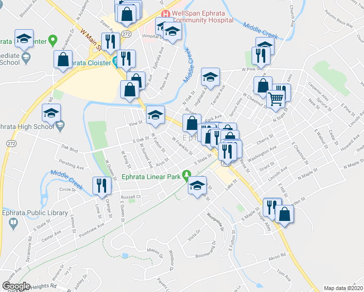 map of restaurants, bars, coffee shops, grocery stores, and more near 98 Arch Street in Ephrata