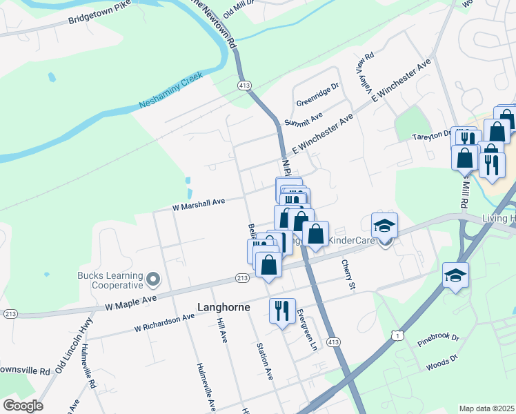 map of restaurants, bars, coffee shops, grocery stores, and more near 227 North Bellevue Avenue in Langhorne
