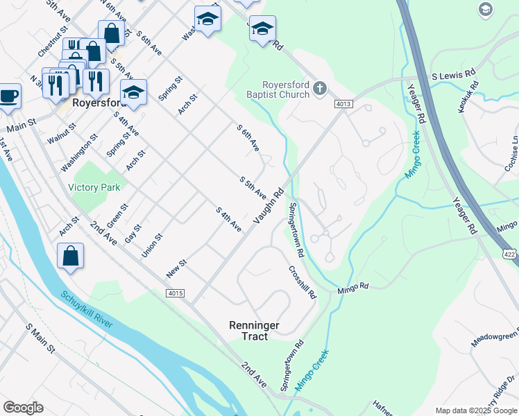 map of restaurants, bars, coffee shops, grocery stores, and more near 415 Vaughn Road in Royersford
