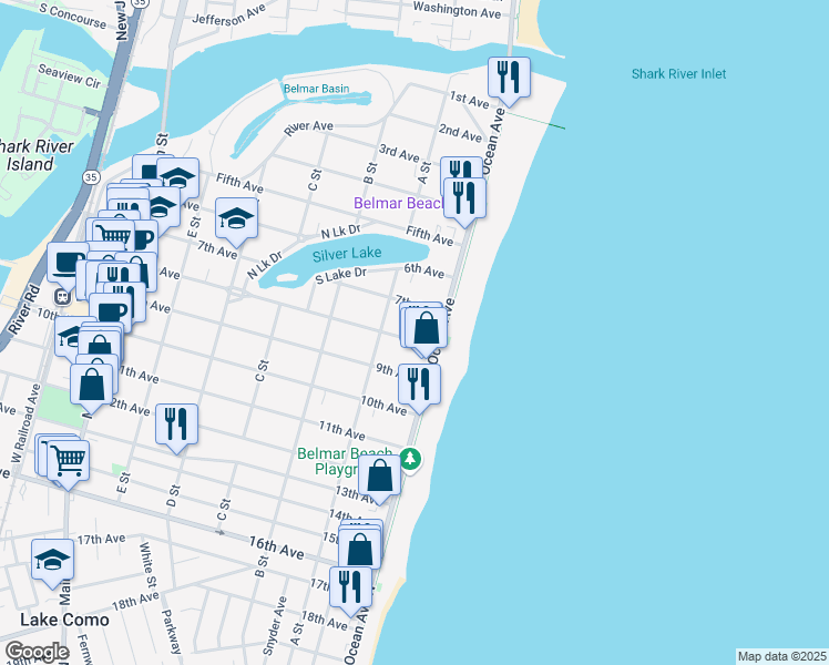 map of restaurants, bars, coffee shops, grocery stores, and more near 102 8th Avenue in Belmar