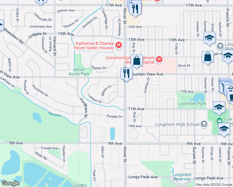map of restaurants, bars, coffee shops, grocery stores, and more near 2313 Lanyon Drive in Longmont