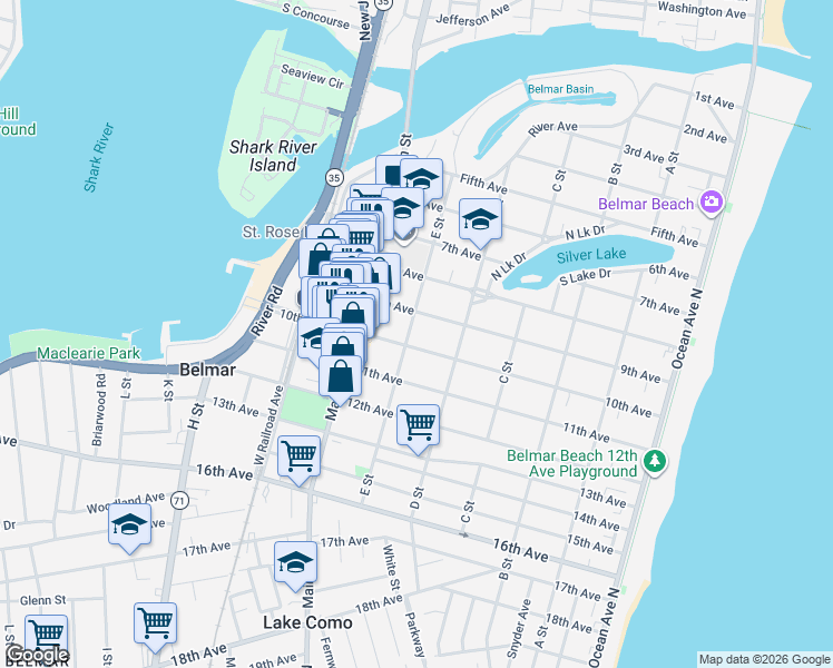 map of restaurants, bars, coffee shops, grocery stores, and more near 906 E Street in Belmar