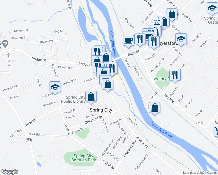 map of restaurants, bars, coffee shops, grocery stores, and more near 45 North Main Street in Spring City