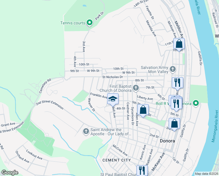 map of restaurants, bars, coffee shops, grocery stores, and more near 105 Teeple Avenue in Donora