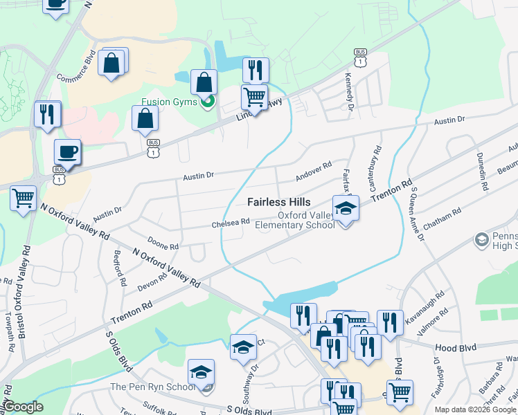 map of restaurants, bars, coffee shops, grocery stores, and more near 363 Chelsea Road in Fairless Hills