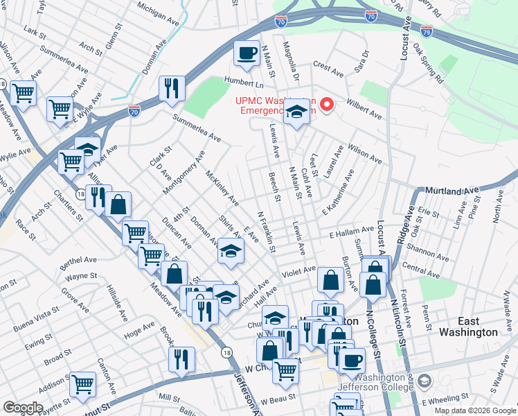 map of restaurants, bars, coffee shops, grocery stores, and more near 624 North Franklin Street in Washington
