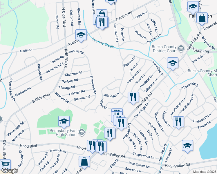 map of restaurants, bars, coffee shops, grocery stores, and more near 122 Village Lane in Levittown
