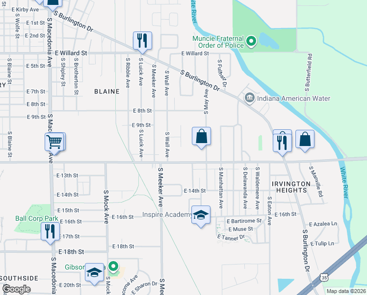 map of restaurants, bars, coffee shops, grocery stores, and more near 1716 South Jersey Avenue in Muncie