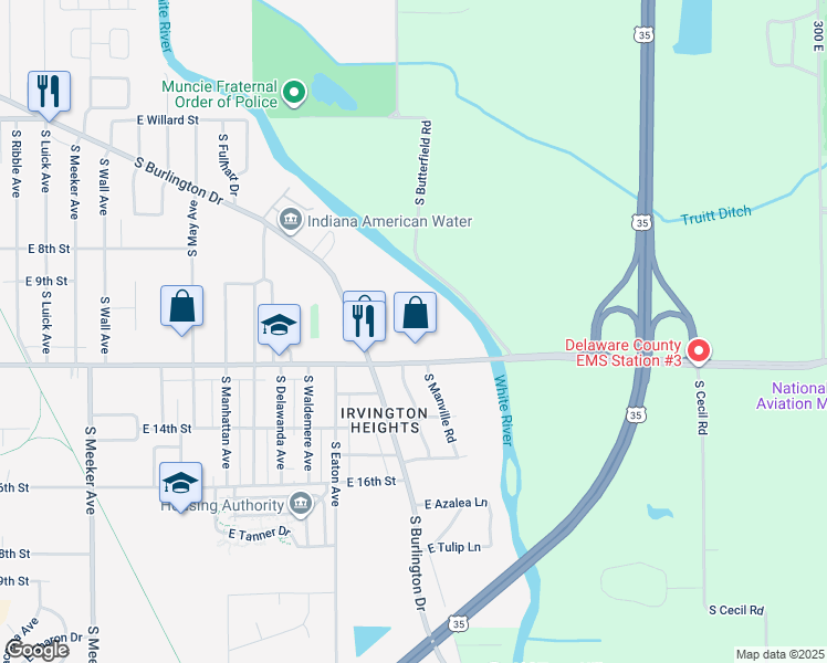 map of restaurants, bars, coffee shops, grocery stores, and more near 3508 East Memorial Drive in Muncie