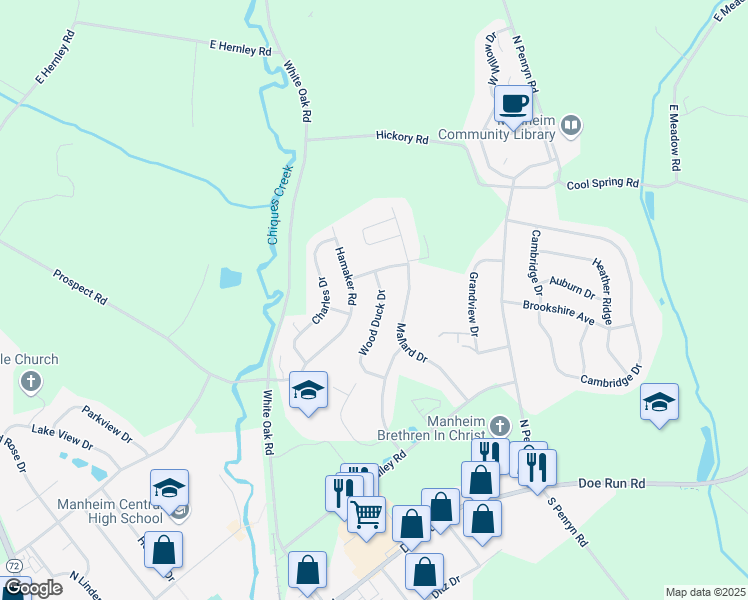 map of restaurants, bars, coffee shops, grocery stores, and more near 578 Wood Duck Drive in Manheim