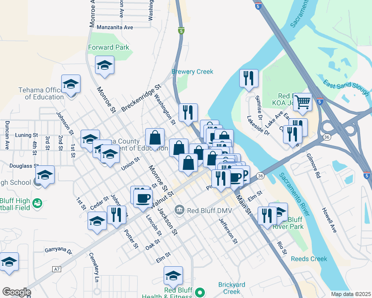 map of restaurants, bars, coffee shops, grocery stores, and more near 411 Cedar Street in Red Bluff