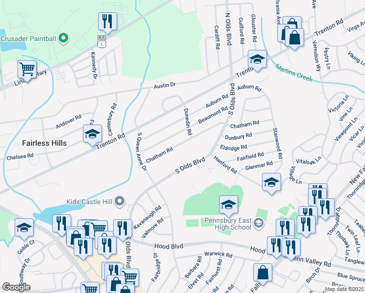 map of restaurants, bars, coffee shops, grocery stores, and more near 630 Chatham Road in Fairless Hills
