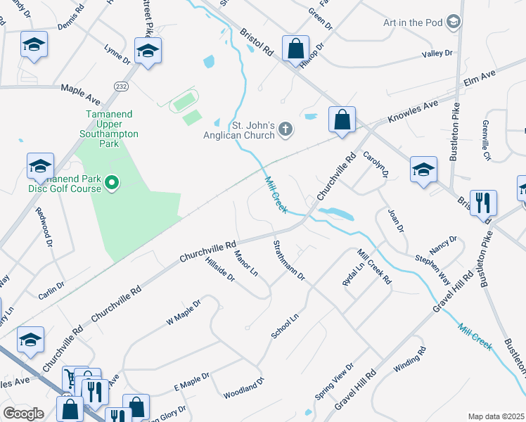 map of restaurants, bars, coffee shops, grocery stores, and more near 1175 Strathmann Drive in Bucks County