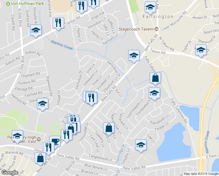 map of restaurants, bars, coffee shops, grocery stores, and more near 26 Viburnum Lane in Levittown