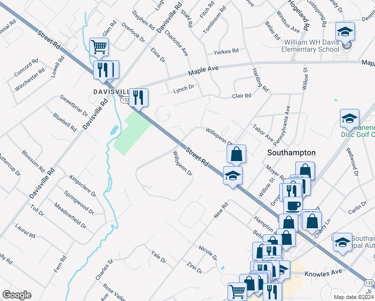 map of restaurants, bars, coffee shops, grocery stores, and more near 238 Street Road in Southampton